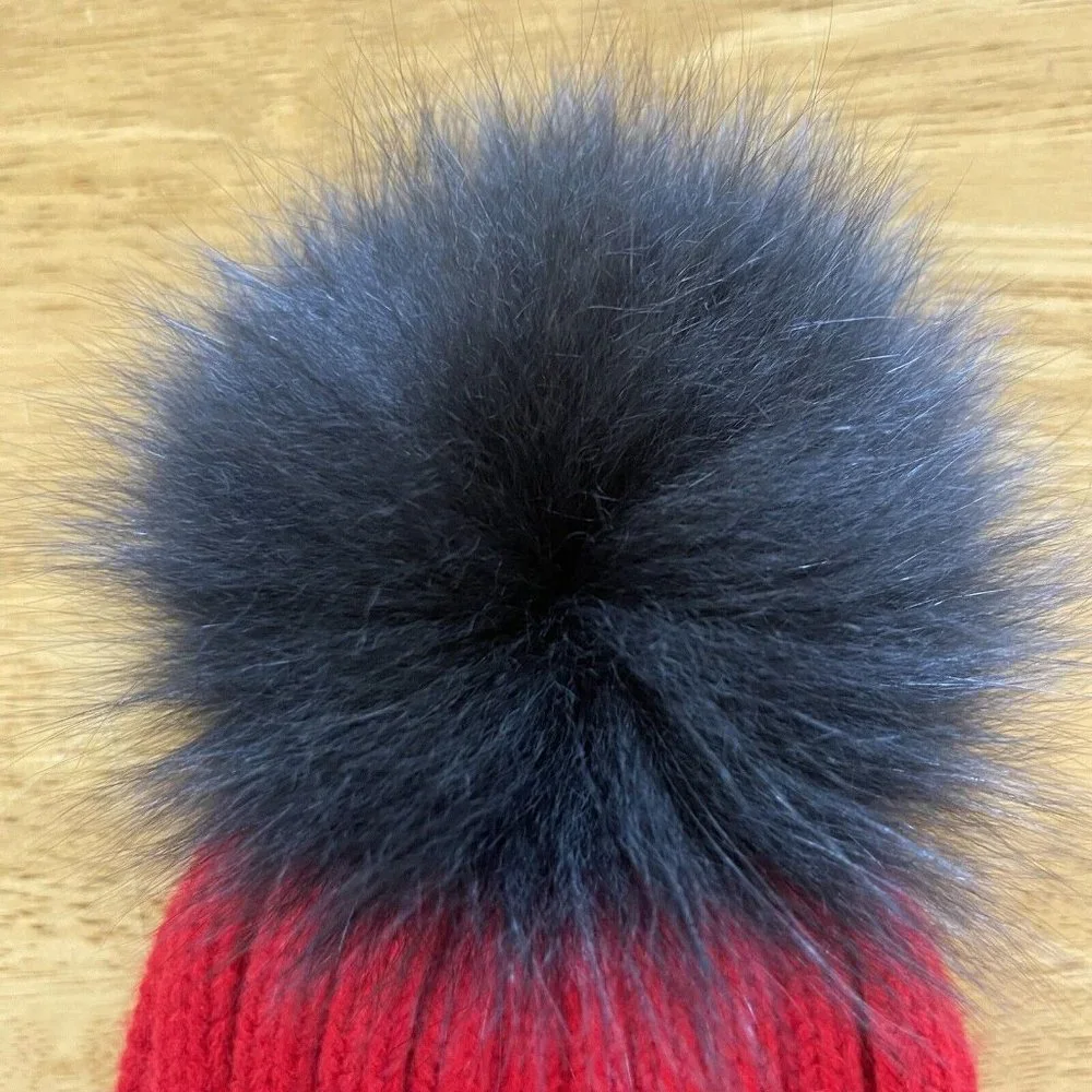 Winter Beanie Hat Cap Womens With Fur Pom‎ Pom Red Black Ribbed